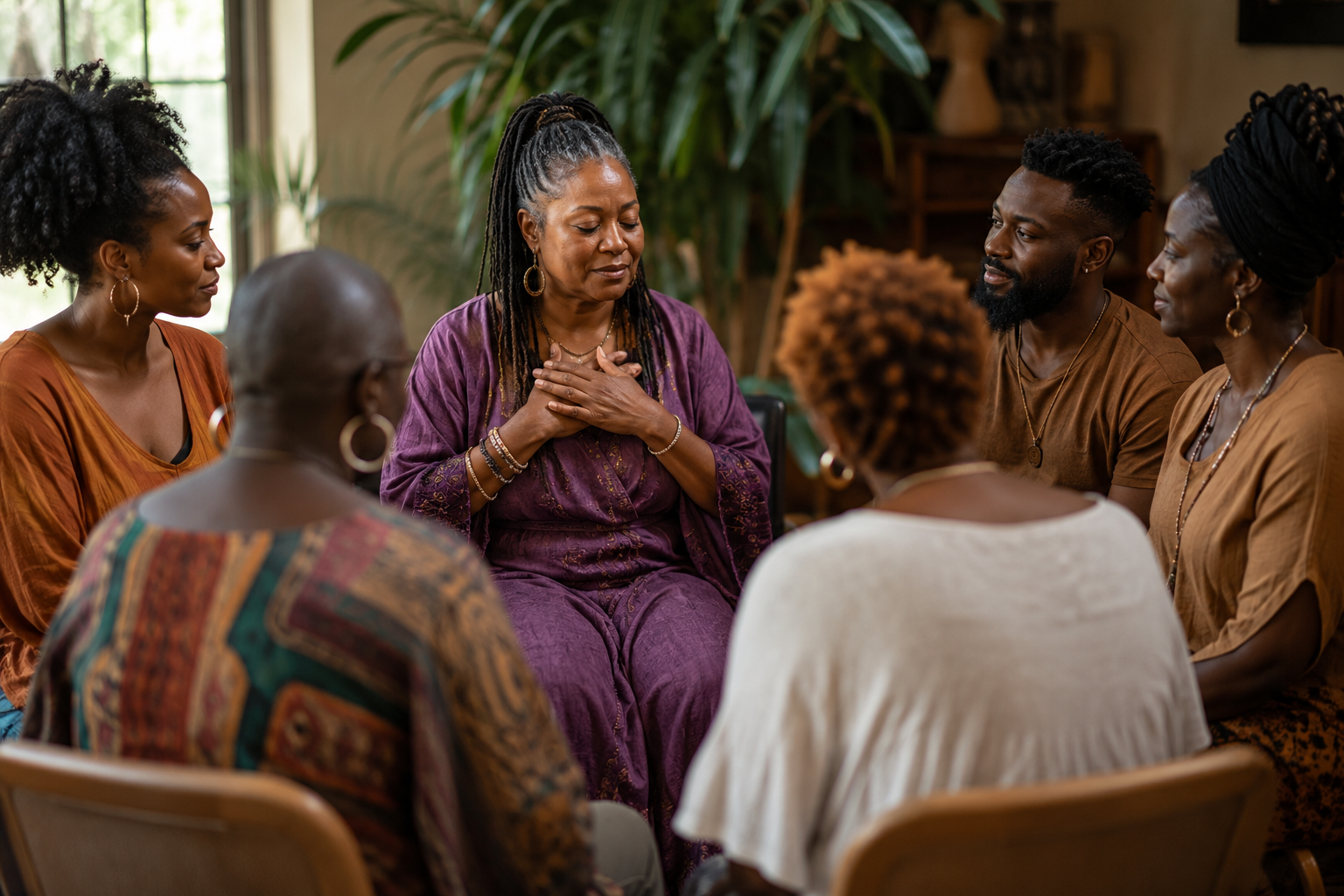 Community grief circle — diverse group of people gathered in sacred space