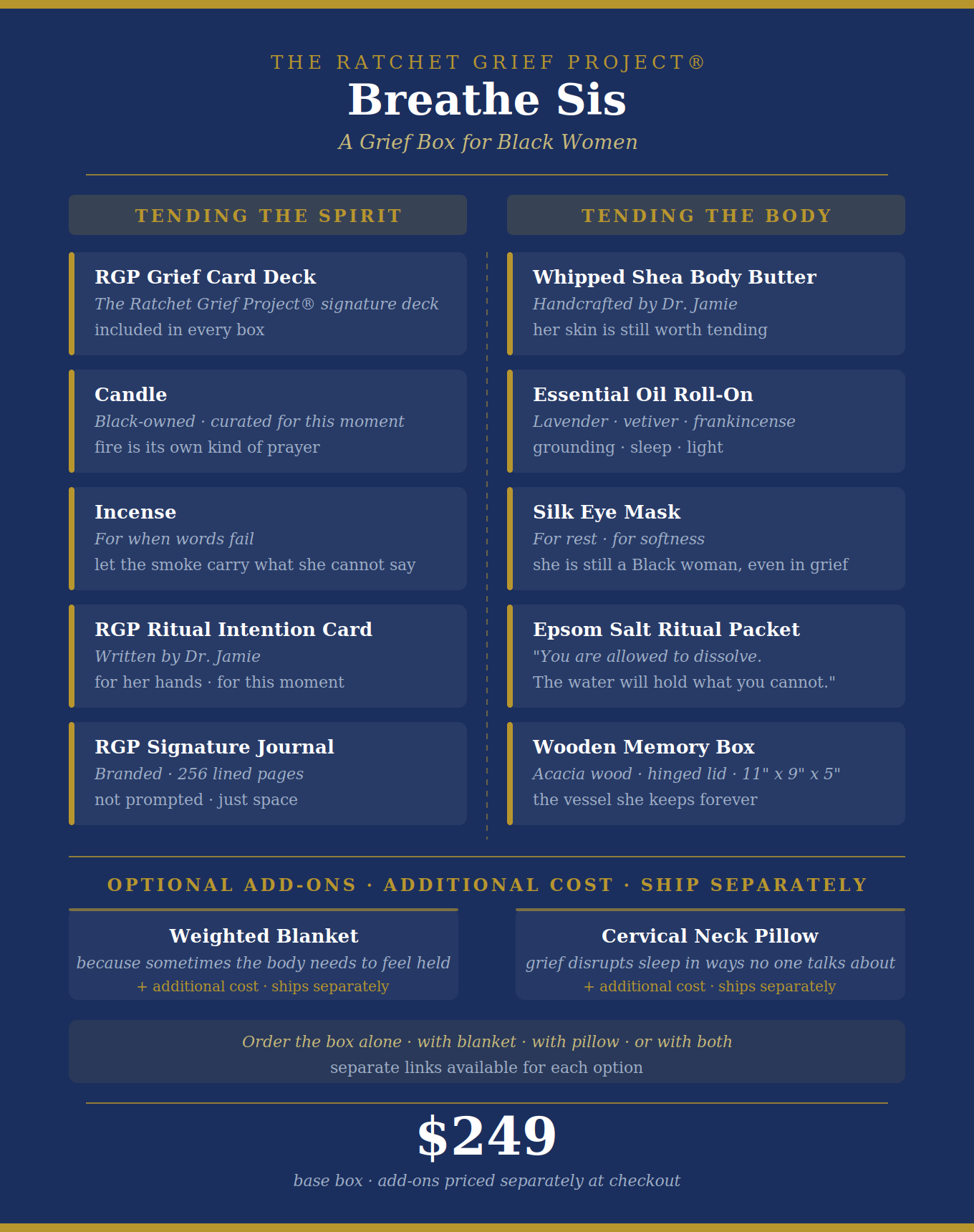 Breathe Sis! — A Grief Box for Black Women, showing box contents and pricing